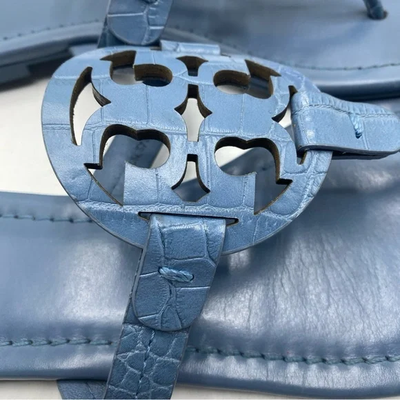 Tory Burch MILLER Leather Thong Sandals Logo Slip On Croc Embossed Women's 6 Blu - Picture 9 of 9